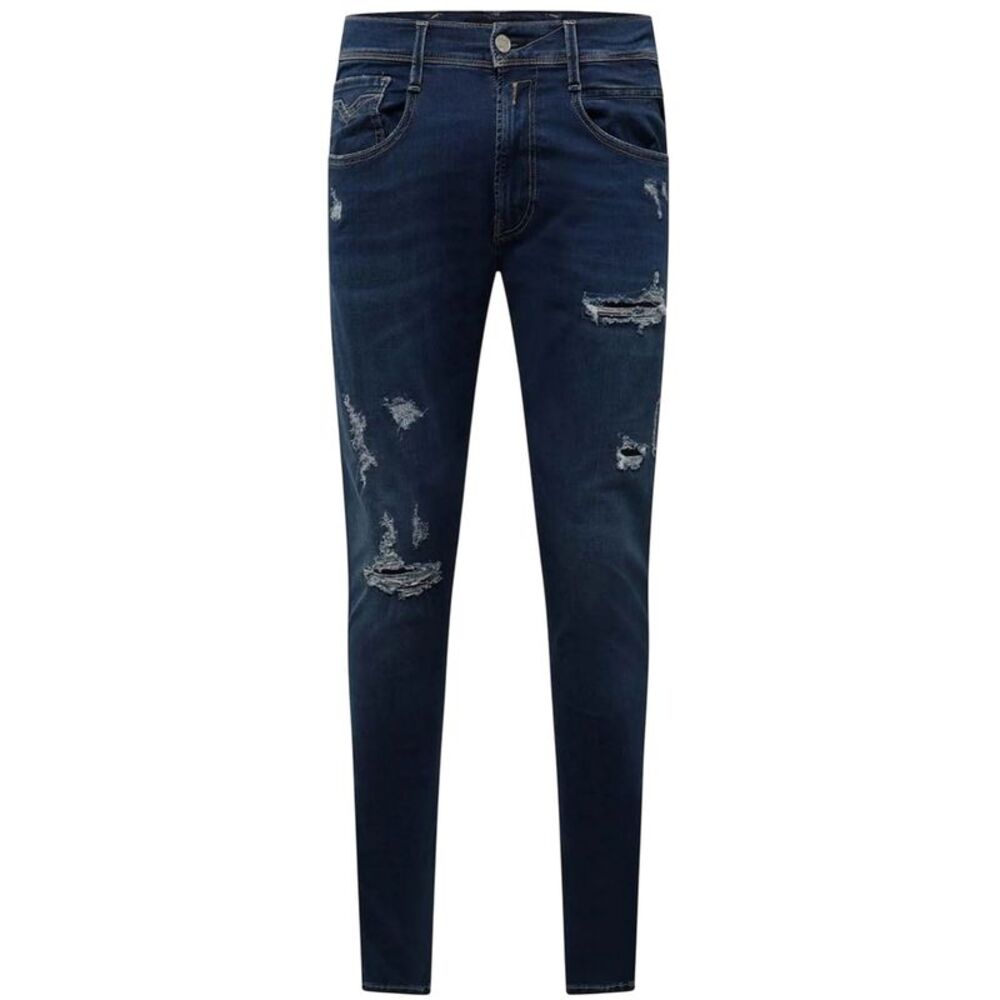 Replay Mens Cotton Blend Ripped Slim Jeans / Blue